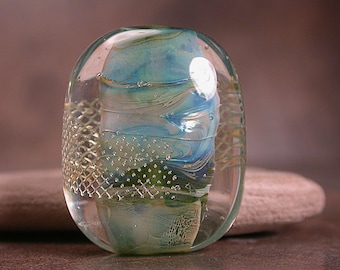 Art Glass Focal Bead, Lampwork Glass Bead, Creamy Blues & Greens with Silver Mesh, Divine Spark Designs, SRA
