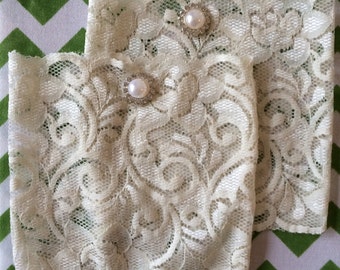 Ivory Lace Boot Cuffs with rhinestone and pearl button