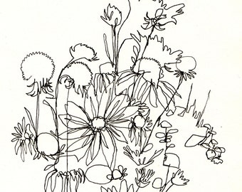 Art Print-Blind Contour Wildflowers Drawing