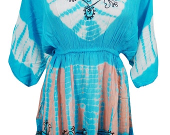 Blue Summer Cocktail Mini Dress Tie Dye Gypsy Hippie Chic Loose Cover Up Short Boho Dresses