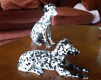 Unique set of 2 Dalmatians ceramic black and white spotted dogs canine figurines
