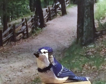 Miniature Blue Jay Bird Wood Carving Unique Gift Art Sculpture