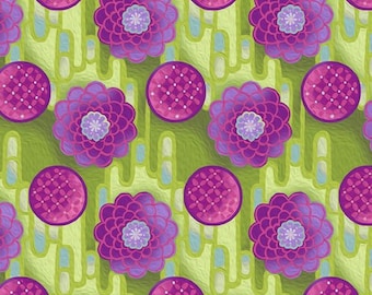 Zinnia Purple Green Jason Yenter Pastiche In the Beginning Fabric