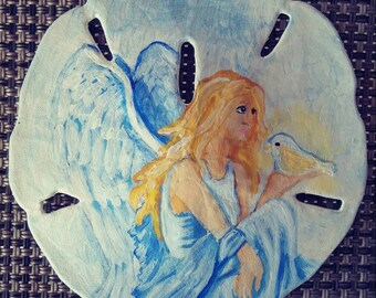 Angel and dove handpainted sanddollar