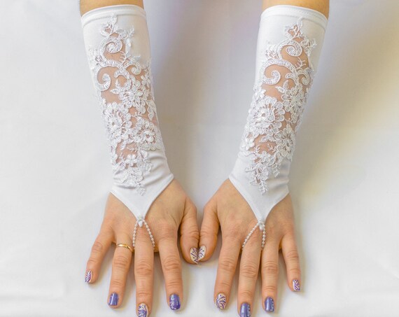 Satin lace gloves, White Fingerless Wedding Gloves, Bridal Wedding Gloves 08