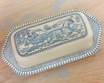 Currier & Ives Butter Dish, The Road Winter, Blue Transferware Replacement China