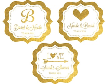 Wedding Monogram Stickers - Custom Wedding Labels Personalized Monogram Stickers Gold Thank You Wedding Labels (EB3020FW) set of 24| labels