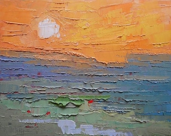 Expressionist Abstract Seascape, Palette Knife Painting, 9x12x.75" Original Oil, Free Shipping in USA, "Burning Sky"