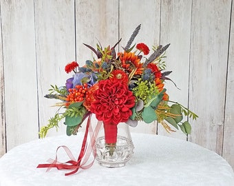 Bridal Bouquet with Red Dahliads and Orange Sunflowers for your Fall Wedding