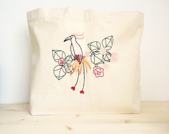 Tote bag embroidered Paradisier yellow thick cotton