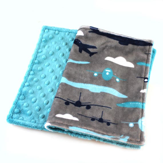 Boy Lovey Airplane Blanket, Personalized Baby Blanket, plane Mini Minky Baby Blanket, Gray Blue Minky Burp Cloth, Airplane Burp Cloth