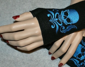 Embroidered Damask Skull Fleece Arm Warmers Black / Turquoise Blue MTCoffinz