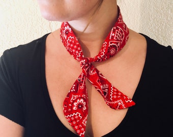 Red Bandana Neck Scarf - Neck Scarf for Women - Red Bandana - Rockabilly Neck Tie - Bandana Neck Scarf