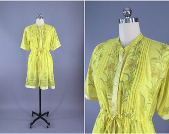 India Cotton Dress / Vintage Indian Cotton Sari / Shirtdress Summer Dress / Yellow Floral Print / Boho Bohemian Dress / Size XL