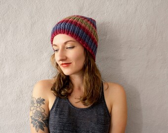 Ready to Ship - Ombre Slouchy Wool Beanie Hat in Warm Rainbow - Womens, Mens, Teens