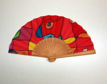 Handpainted Silk hand fan- Wedding hand fan-Abanico- Giveaways-Bridesmaids- Spanish hand fan-Red-Blue-Orange14 x 7.5 inches (35 cm x 19 cm)