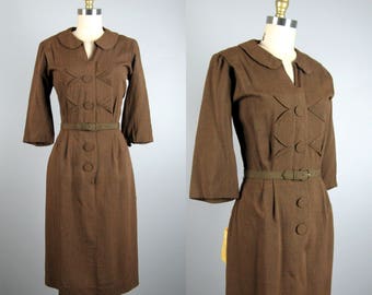 Vintage 1950s Brown Gingham Dress 50s NOS Wool Gabardine Dress by Betty Hartford Size M/L