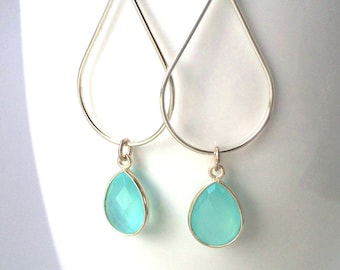 Aqua Chalcedony Silver Earrings, Aqua Sterling Teardrop Hoop Earrings, Aqua Mint Chalcedony Earring,