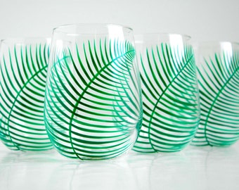 Green Ferns Stemless Wine Glasses - Set of 4 Hand Painted Fern Glasses