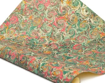 Hand-Marbled Paper Imported From Italy - Curled Stone - Green/Red