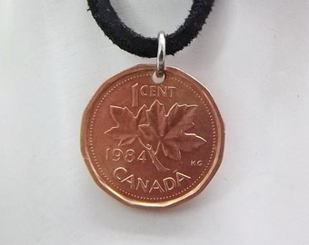 Maple Leaf Coin Necklace, Canadian 1 Cent, Coin Pendant, Leather Cord, Men's Necklace, Women's Necklace, 1984