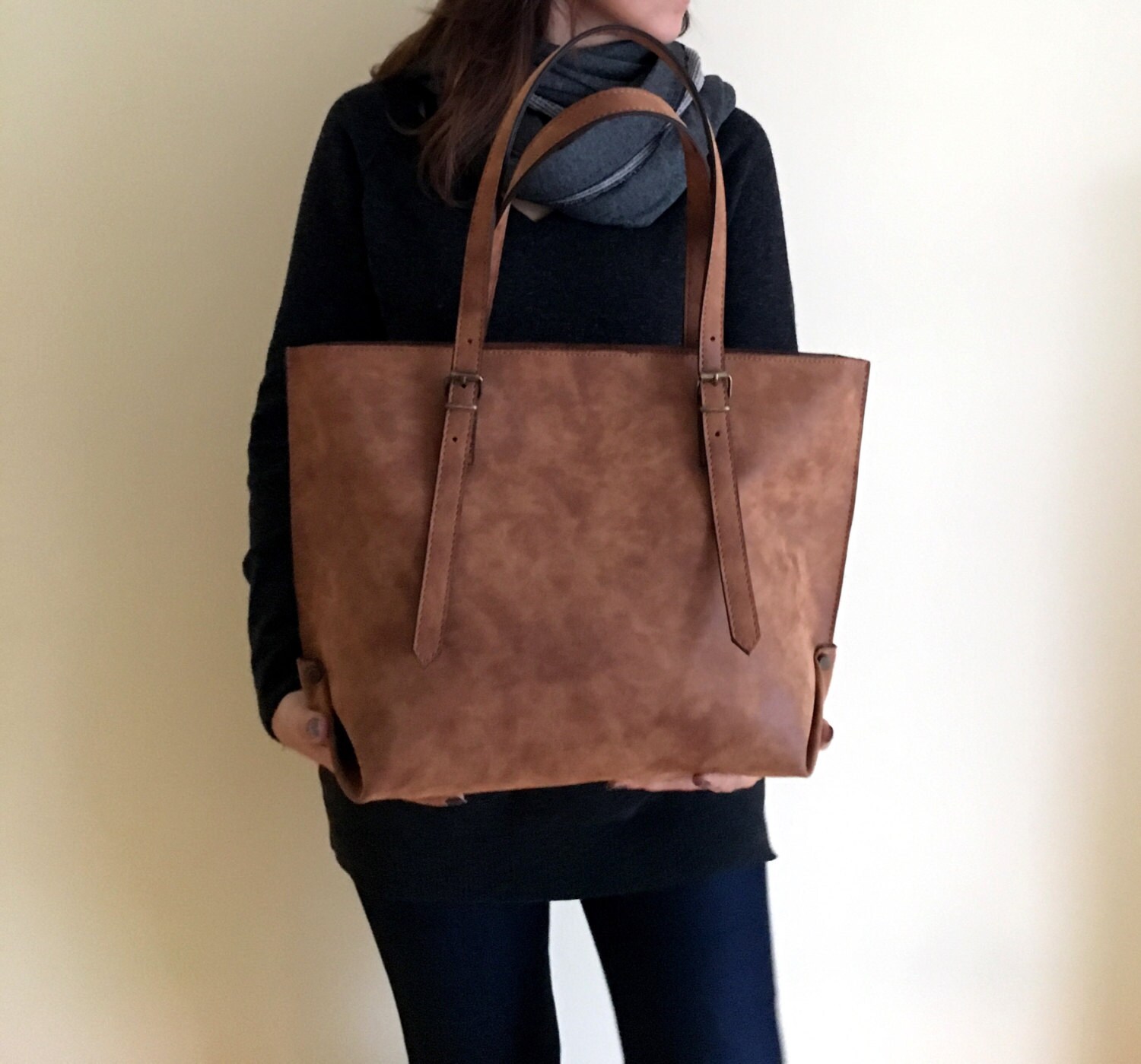 Faux Leather Brown Tote Bag Vegan Handbag Water Resistant