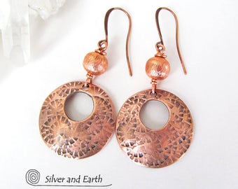 Copper Hoop Earrings, Handmade Artisan Jewelry, Copper Earrings, Modern Jewelry, Hoop Dangle Earrings, Copper Anniversary Gifts for Women