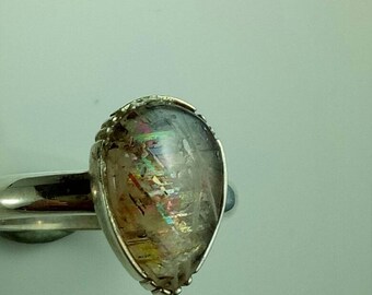 Rainbow lattice sunstone Silver ring