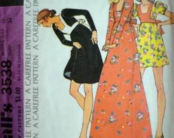 Vintage 70's McCall's 3538 Sewing Pattern, Misses Women's Empire Waist Dress Size 12, Bust 34, Retro Boho 1970's Fashion