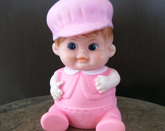 Vintage Squeaky Doll Toy, Squeazable Rubber Doll, 1968 Pink Doll, Pink Doll Squeak Rubber, Doll Squeaky Toy, Vintage Rubber Squeak Pink Doll