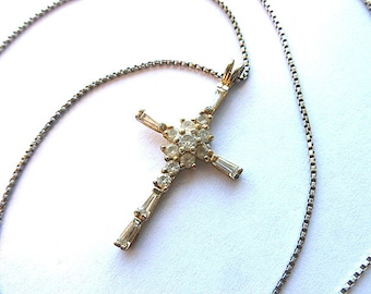 DESIGNER STERLING Simulated DIAMOND Cross, 925 Hallmrked Cross & Long 925 Sterling Silver Neck Chain, Crystal Cross Necklace, Estate Jewelry