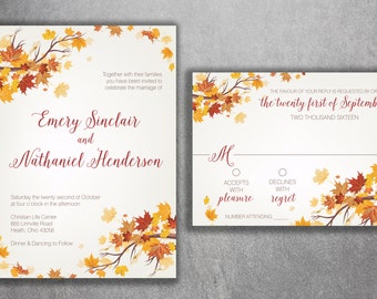Affordable Autumn Wedding Invitation Set, Cheap Fall Wedding Invitation, September Wedding Invitations, Leaves, October, Maroon and Orange