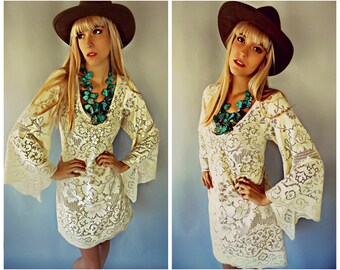 Crochet Lace Dress, Crochet Lace Wedding Dress, Boho Wedding Dress, Crochet Lace Bell Sleeve Dress, Bell Sleeve Wedding Dress