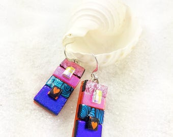 Dichroic glass Earrings, fused dichroic earrings, Blue earrings, bohemian jewelry, glass earrings, dichroic jewelry, statement earrings