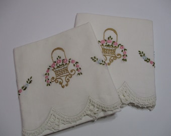 Vintage Embroidered Pillowcase Set-Floral-Cottage Chic-UNUSED-Pillowcases