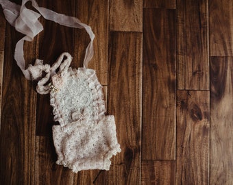 NB lace bibbed romper. Pre-order.