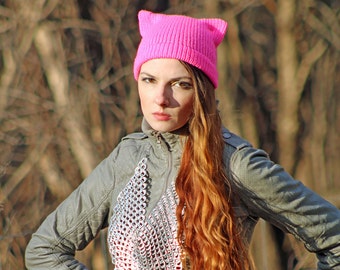 Hot Pink Pussy Hat! Cat Kitten Hot Pink Ear Hat Ready to Ship Women's Rights March Protest Resist Trump Impeach Political Gift #METOO