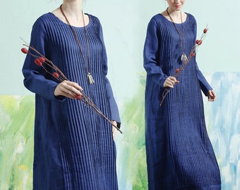 Maxi Dress In Blue, Long Linen Dress, Pleated Dress, Tunic Dress, Shirt Dress, Maxi Linen Dress, Long Sleeve Dress, Winter Dress, Plus Size