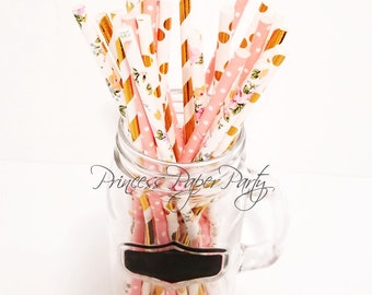 PAPER STRAWS Fabulous Tea Party MIX 25pc, Gold, Floral, Party Supplies, Tea Party, Garden Party, Birthday Party, Baby Shower, Bridal Shower