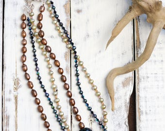 18" - 25" Pearl, Lampwork and Crystal, Three Strand Necklace