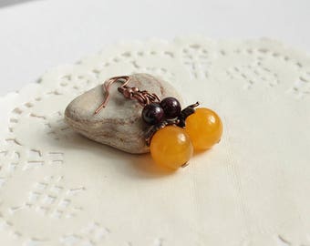 Yellow jade stone earring Garnet earrings gift for wife Red yellow dangle earrings Yellow ball earrings Jade earrings girlfriend gift Garnet