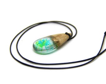 Jewelry pendant / necklace wooden beads and blue green resin pendant necklace wood resin necklace resin jewelry man