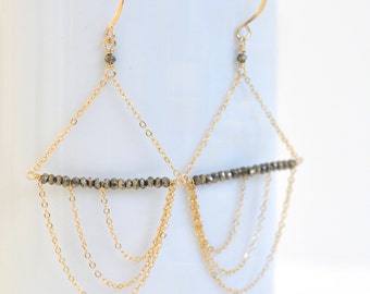 Pyrite Earrings- Gold Filled Earrings- Asymmetrical Earrings- Gold Filled Chandeliers- Black and Gold Earrings- Chain Earrings- Fool's Gold