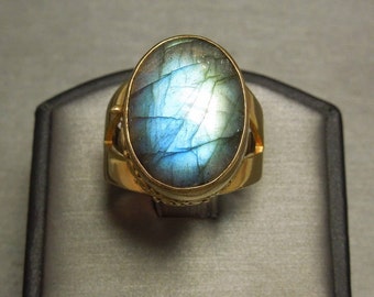 Vintage Estate Byzantine Style 925 Gold Sterling Silver Labradorite Gemstone Locket Poison Adjustable Ring