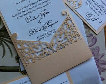 Lasercut Wedding Invitation Sleeve Pocket Romantic Lace