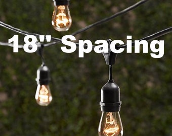 Vintage Patio String Lights w/ Black Cord & Clear Glass Edison Bulbs - 18'' Spacing