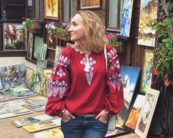 Red blouse vyshyvanka "Dream" of 100% linen Boho Style Ukrainian vyshyvanka blouse embroidered shirt Ukrainian clothing