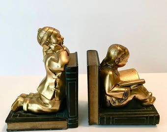 Vintage Bookends, Ronson Bookends, Asian Children, 1920's/1930's, Designed by Louis V. Aronson, Ronson Art, New York City, Book Lover