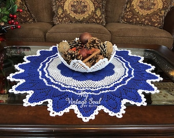 Blue and White Crochet Table Centerpiece - Pinwheel Crochet Doily - Vintage Decor - Crochet Lace Doily - Cottage Decor - Wedding Gift