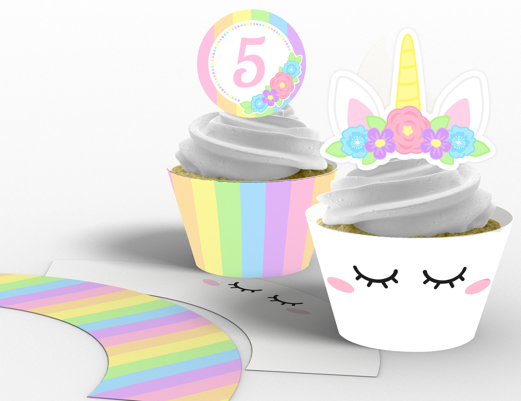 printable girls unicorn cupcake toppers and wrappers